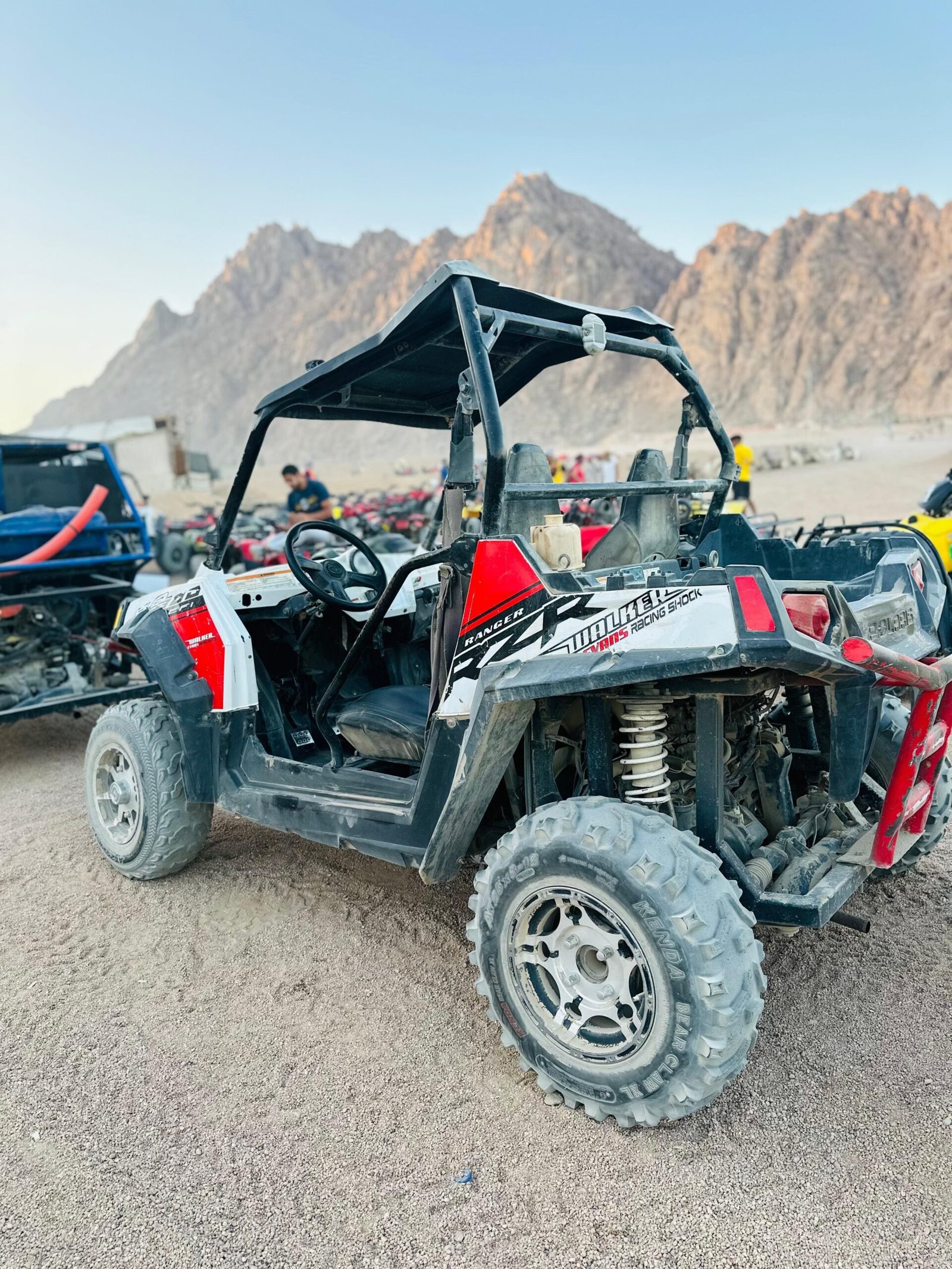 Tourists enjoying a 5-in-1 Safari Adventure in Sharm El Sheikh with buggy ride, Bedouin show, dinner, and stargazing.